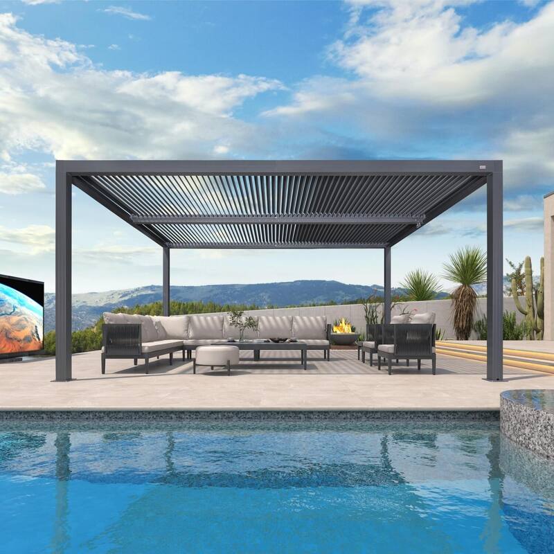 PURPLE LEAF Gray Louvered Pergola Outdoor Aluminum Pergola with Adjustable Roof for Patio Grey Hardtop Gazebo - 12' x 16' - Grey