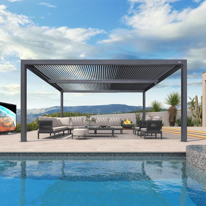 PURPLE LEAF Louvered Pergola Outdoor Aluminum Pergola with Adjustable Roof for Patio Hardtop Gazebo - 12' x 16' - Grey