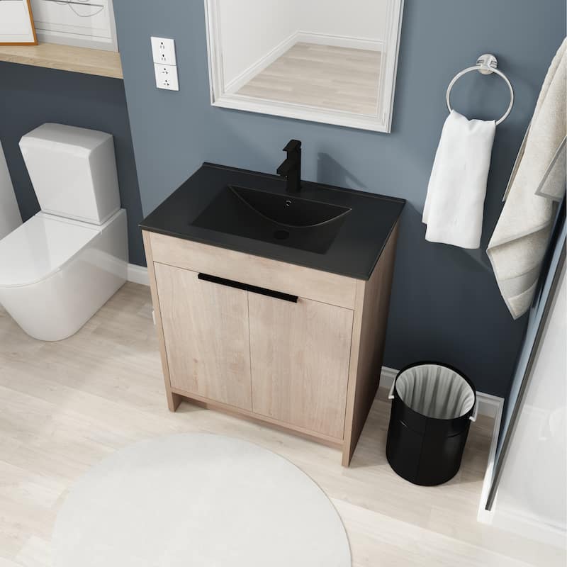 30 Inch Freestanding Bathroom Vanity with Black Ceramic Sink & 2 Soft-Close Cabinet Doors