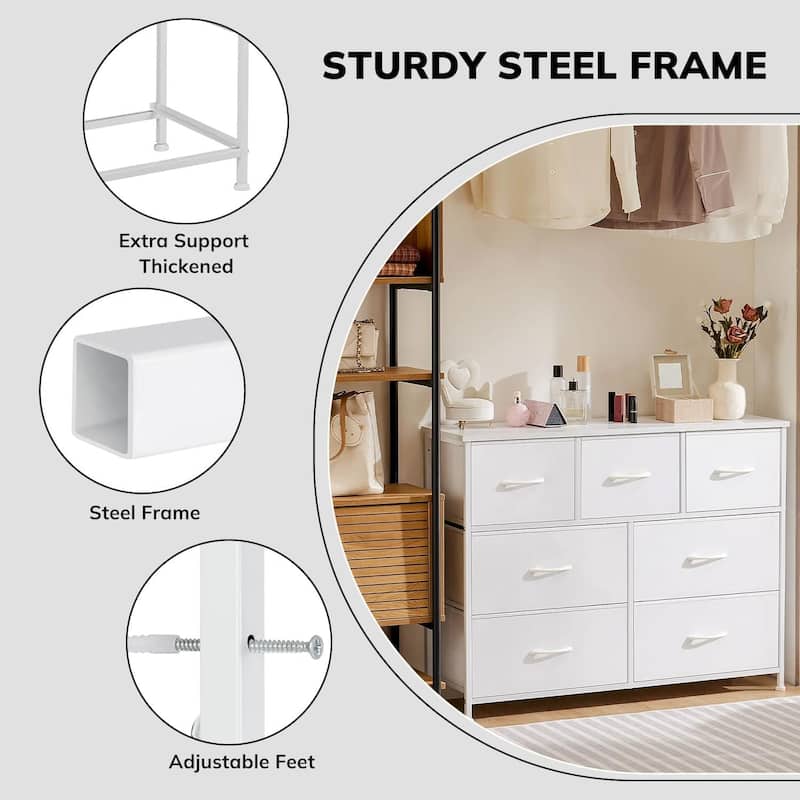 Dresser for Bedroom with 7 Drawers, Anti-Tip Wide Fabric Chests Storage Organizer Tower Furniture, TV Stand for TV up to 45 inch
