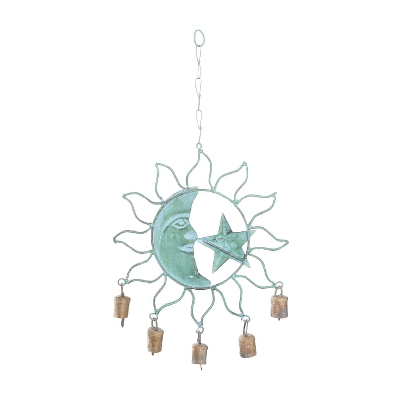 Metal Sun and Moon Windchime with Bells - Teal - Roche River Decor