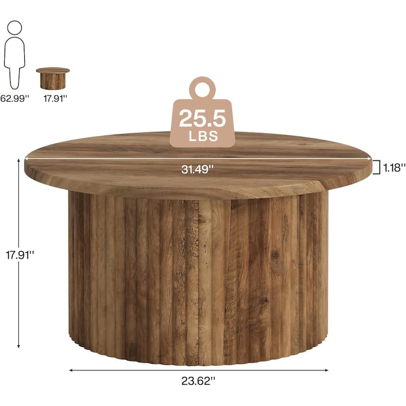 Round Coffee Table, 31.5" Farmhouse Circle Center Table with Fluted Drum Base & Wooden Grain Veneer Top