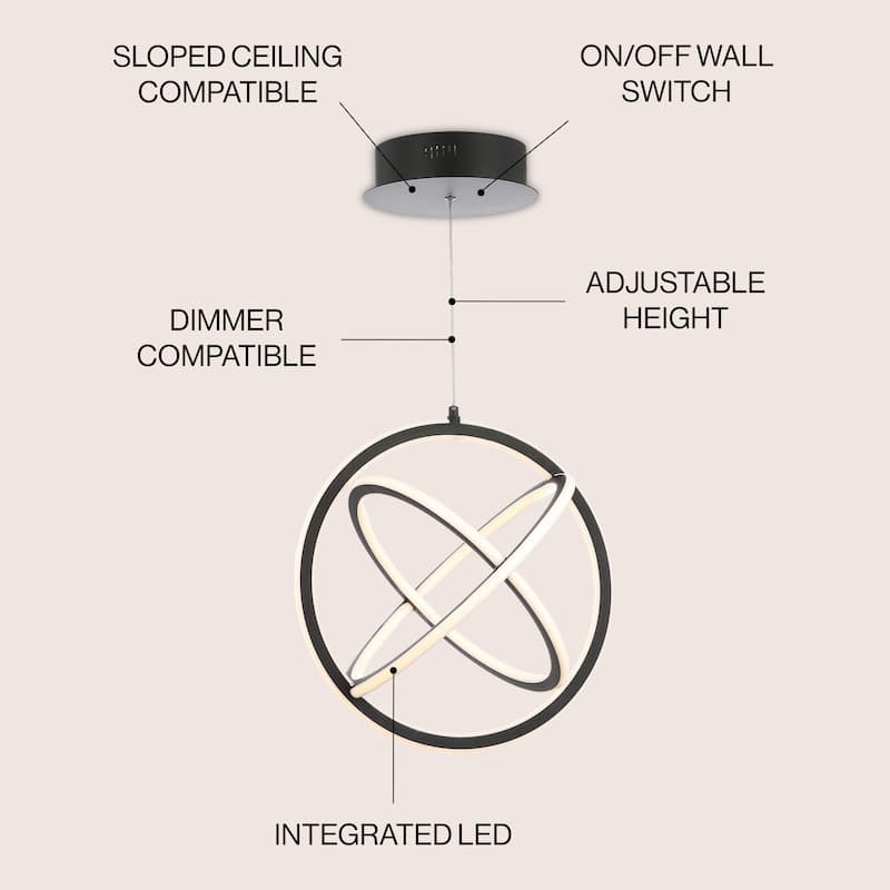 Orbit 16.5" Adjustable Integrated LED Metal Pendant, Black by JONATHAN Y