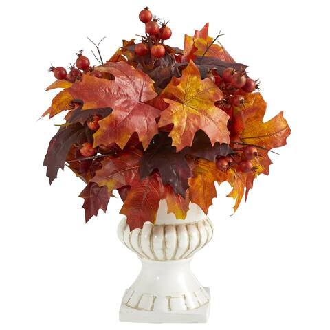 20" Autumn Maple Leaf and Berries Artificial Plant in White Urn