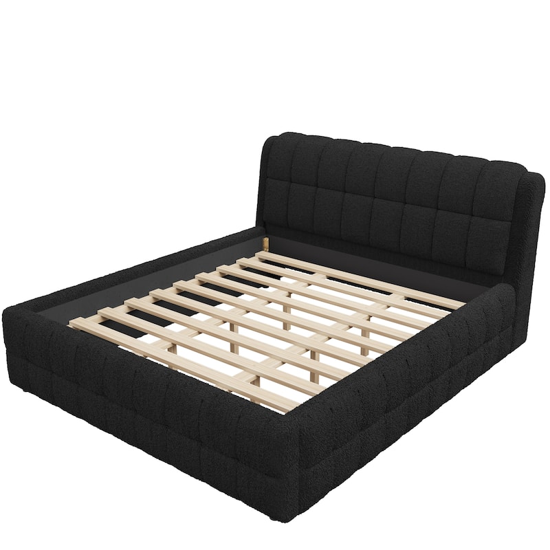 Upholstered Platform Bed with Thick Wingback Headboard and Wood Slat Support