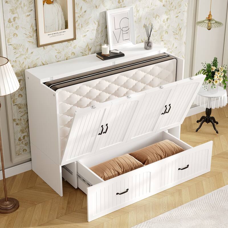 Queen Size White Storage Bed Frame with Headboard Storage, Built-In Cabinets, Drawers & Side Shelf