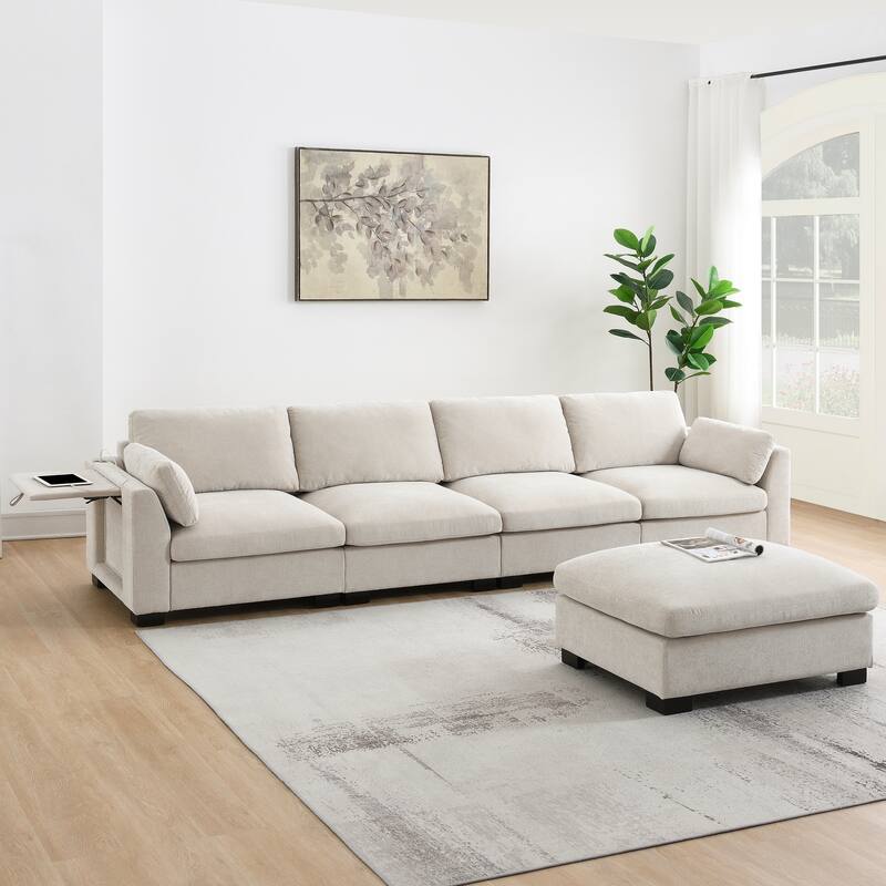 L-Shape Sectional Sofa with Folding Table, Dual-Port Charging, Side Pockets, 2 Pillows, Movable Ottoman, Chenille Modular Sofa