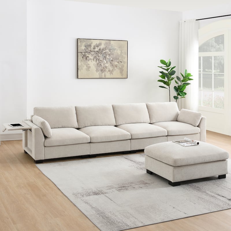 Roomfitters 130" Modular Sectional Sofa, L-Shaped Couch with Folding Table, USB Charger, Storage Pockets, Movable Ottoman