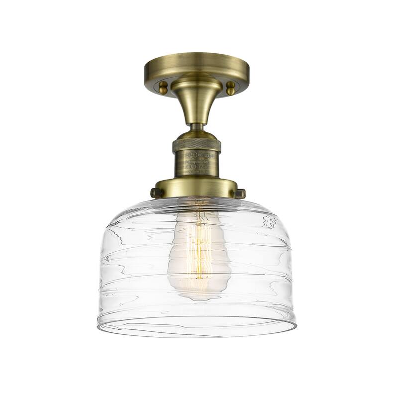 Innovations Lighting Bell - 1 Light 8" Semi-Flush Mount - Antique Brass/Clear Deco Swirl