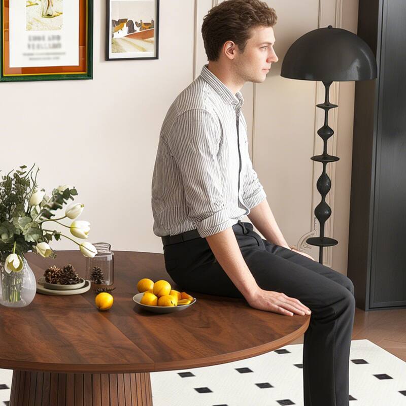 47 Inch Round MDF Dining Table for 4 - Modern Farmhouse Kitchen Table with Wood Strip Base