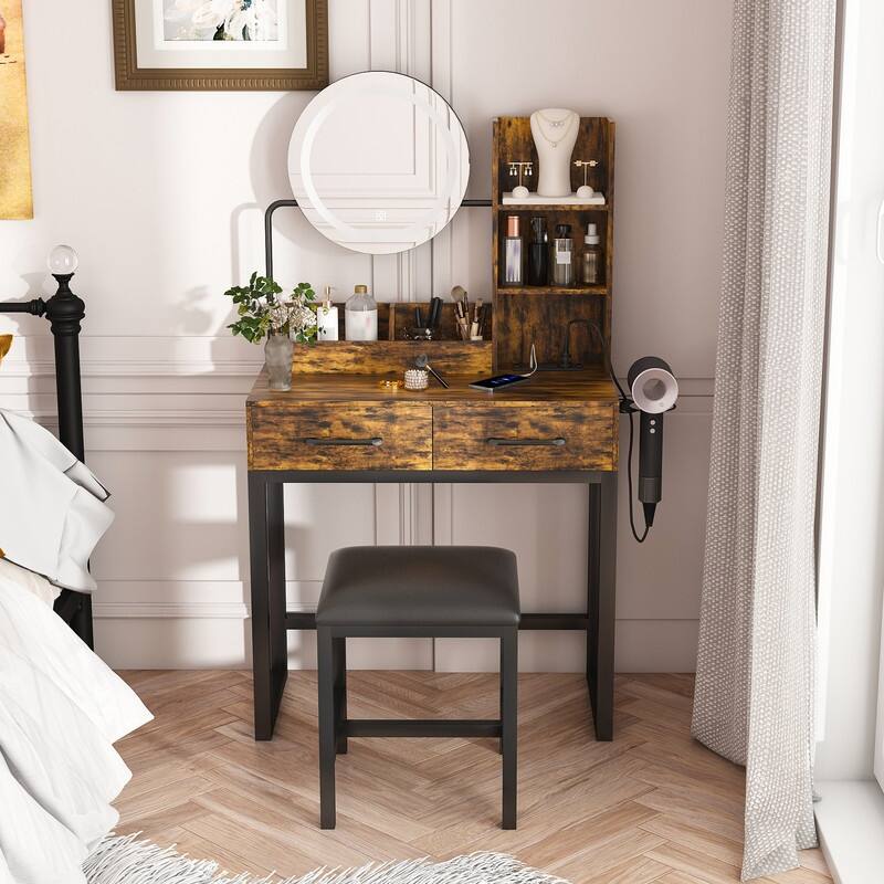 Vanity with LED lights and 3 colors and power outlet with mirror and stool