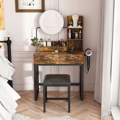 Vanity with LED lights and 3 colors and power outlet with mirror and stool