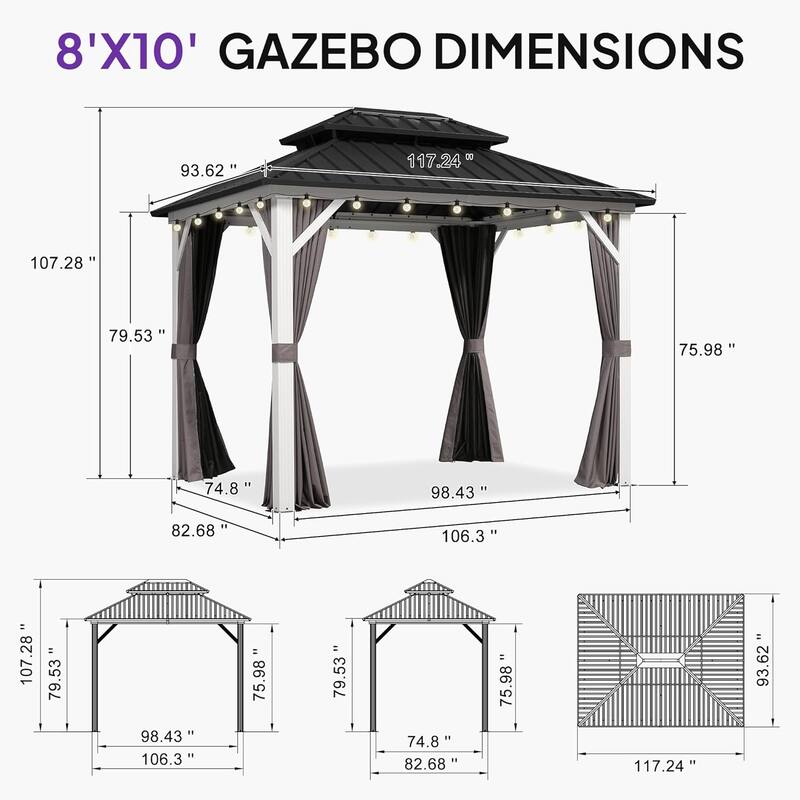 PURPLE LEAF Patio Hardtop Gazebo for Outdoor Grey Galvanized Steel Double Roof White Aluminum Poles