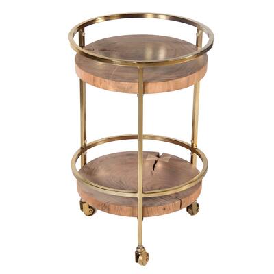 34 Inch 2 Tier Industrial Style Tea and Bar Cart, Live Edge Mango Wood Shelves, Metal Frame, Brown, Brass