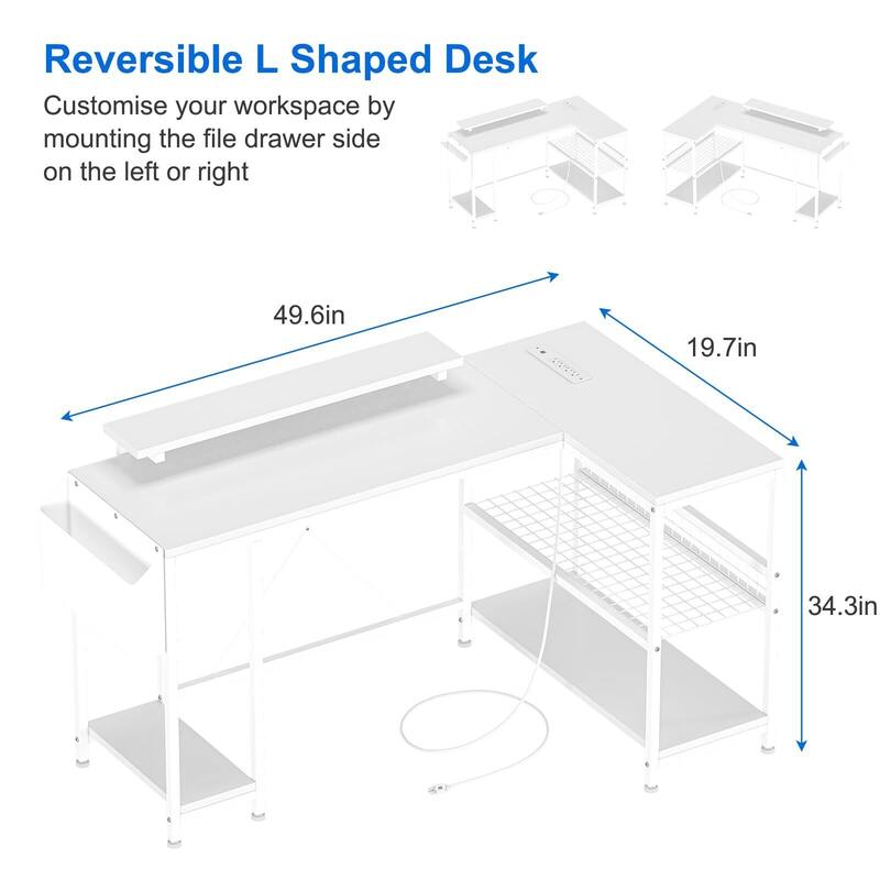 L Shaped Computer Desk with Power Outlets & LED Light, 49.6" Reversible Corner Computer Desk