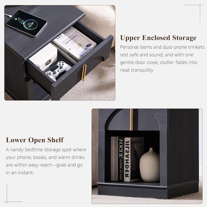 Modern Nightstand Set of 2, Bedside Table with Charging Station