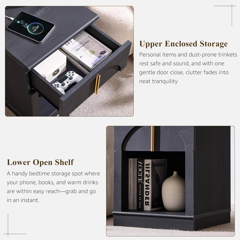 Modern Nightstand w/ Arched Panel, Bedside Table w/ Charging Station