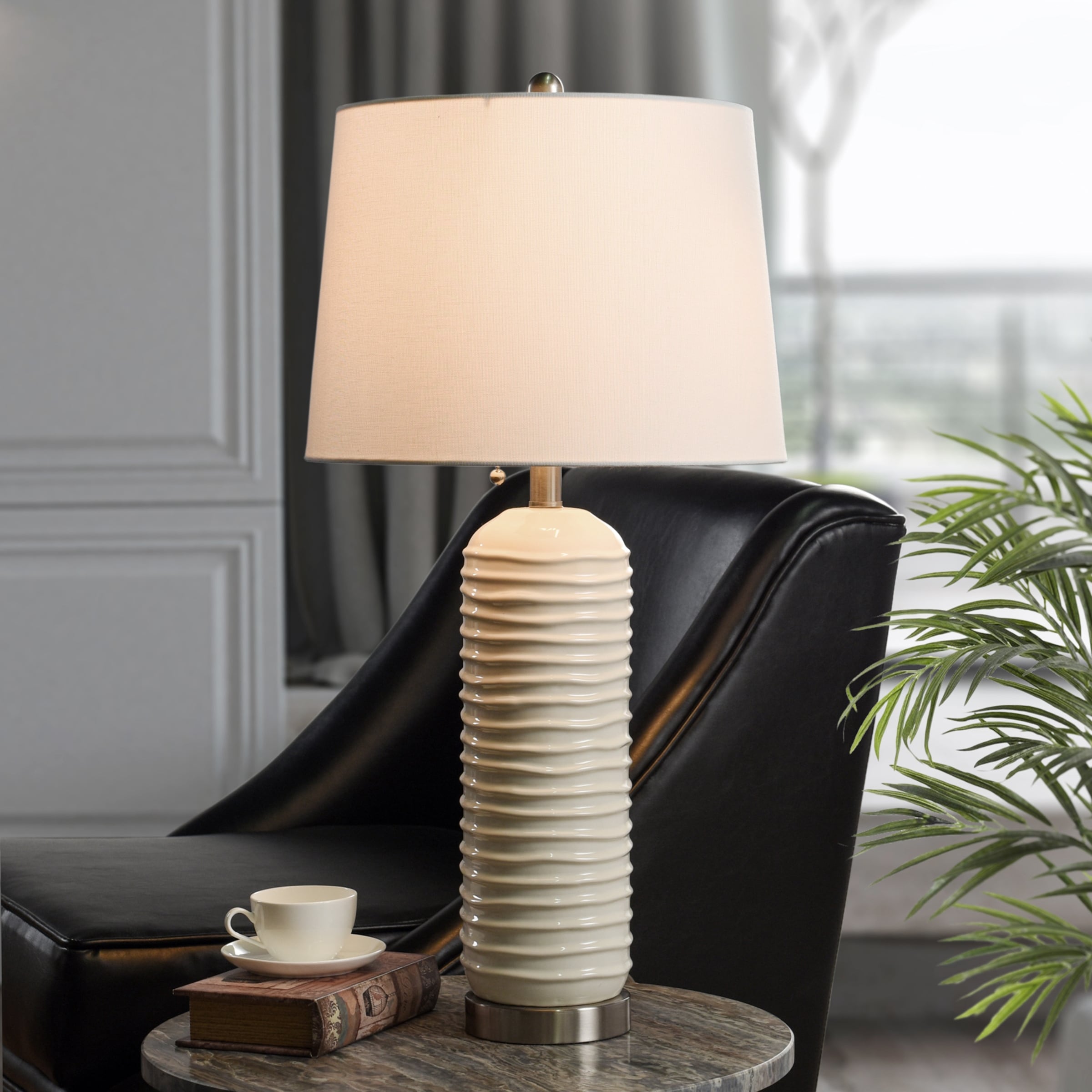 StyleCraft Alba Wave Design - Ceramic Table Lamp - Cream - White Shade
