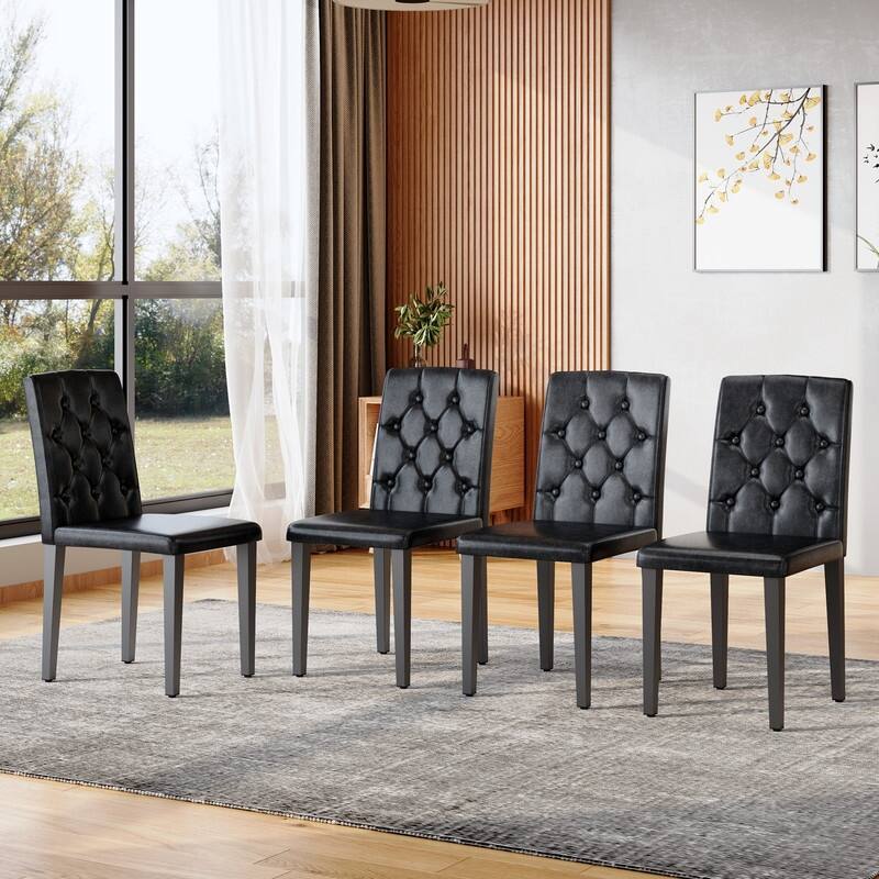 4-Pack Modern PU Dining Chairs with Buckle Backrest, Black Metal Legs, Set of 4 - Black