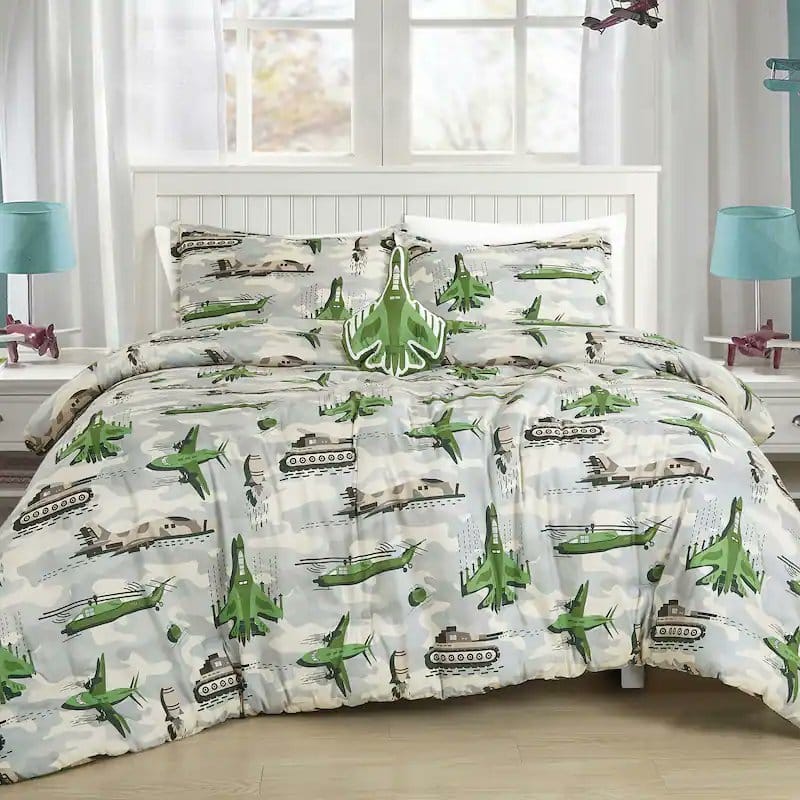 Off-White & Green Army Kids Reversible Quilt Coverlet Bedspread Bedding Set