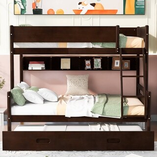 Wood Twin over Full Bunk Bed with Storage Shelves and Twin Size Trundle ...