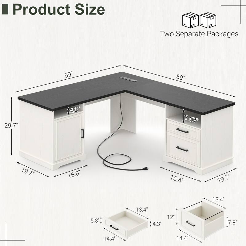 French Country L Shaped Desk with Charging Station, Office Computer Table with File Cabinet