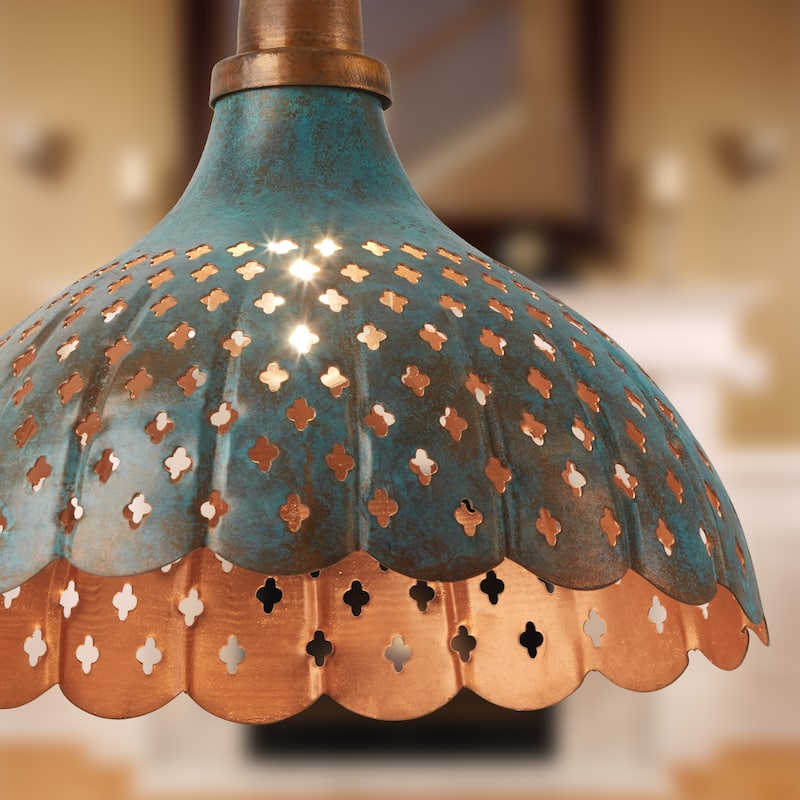 Odetta River of Goods Faux Blue Patina Metal Adjustable Drop Height 12-Inch Hanging Pendant Light with Punched Holes