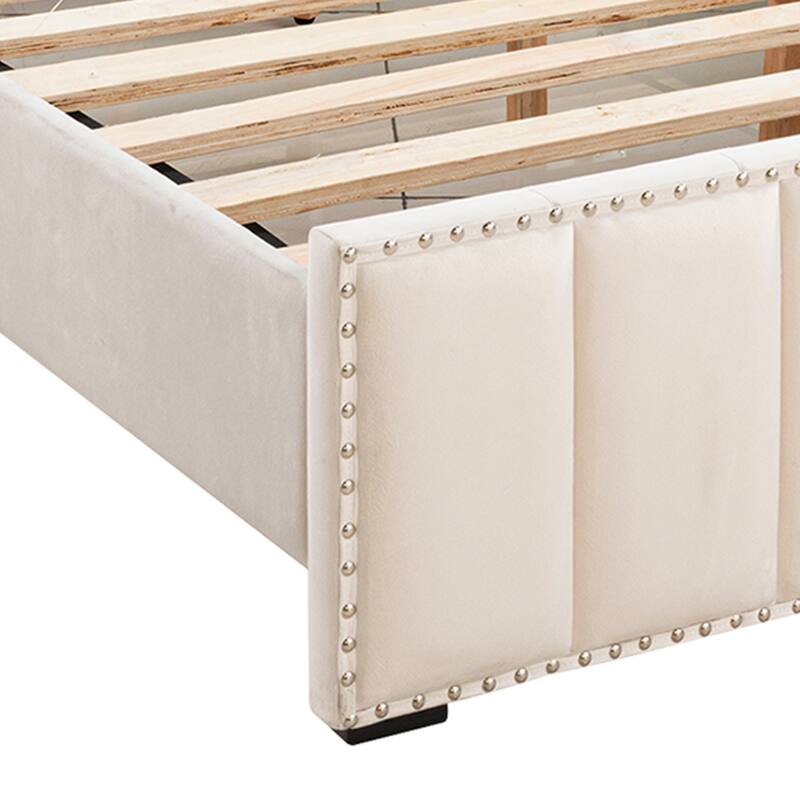 Modern Beige Solid Wood Bed Frame with Open Compartments