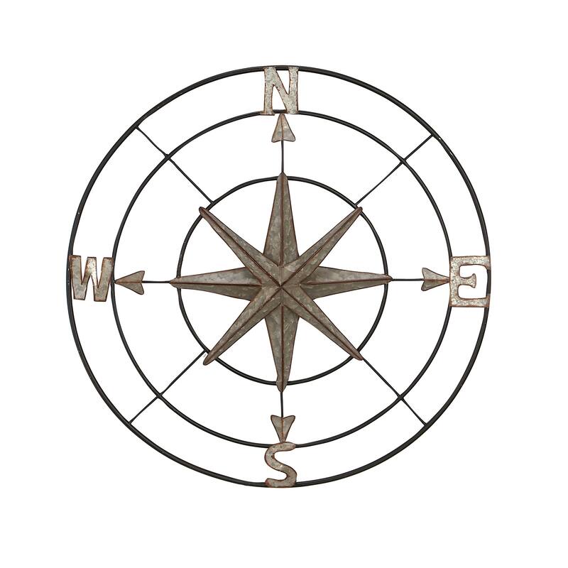 Gray Metal Indoor Outdoor Compass Home Wall Decor with Distressed Copper Like Finish