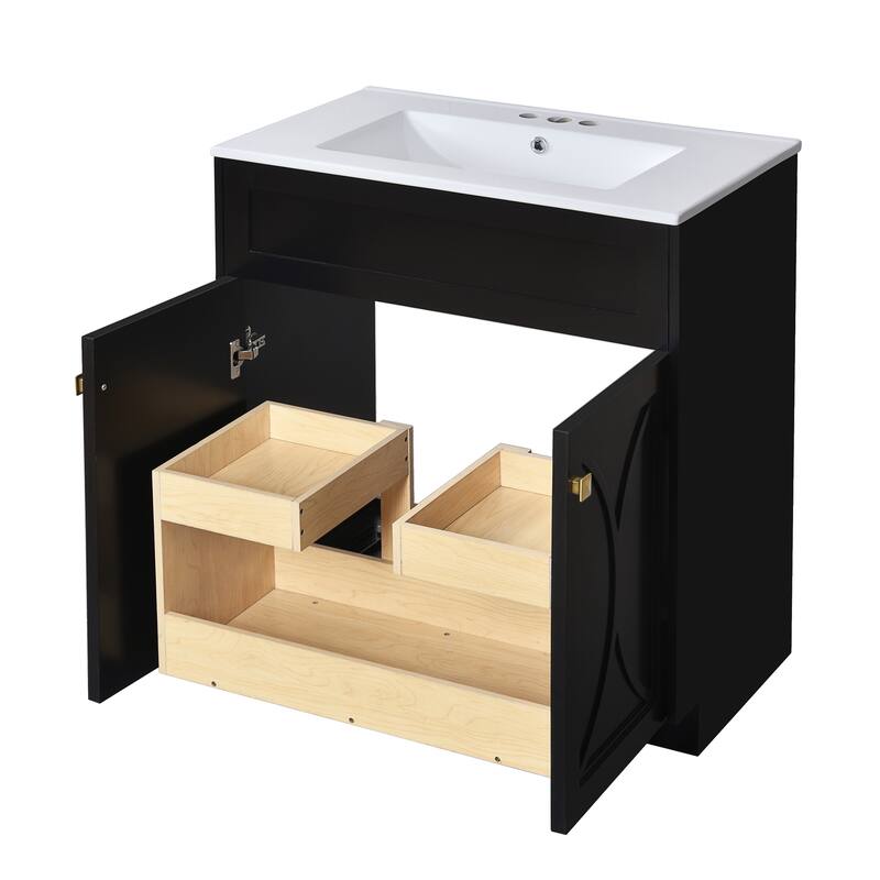 60"Bathroom Vanity with Ceramic Sink Combo, Modern Freestanding Storage Cabinet with Gold Handles, Soft Closing Doors