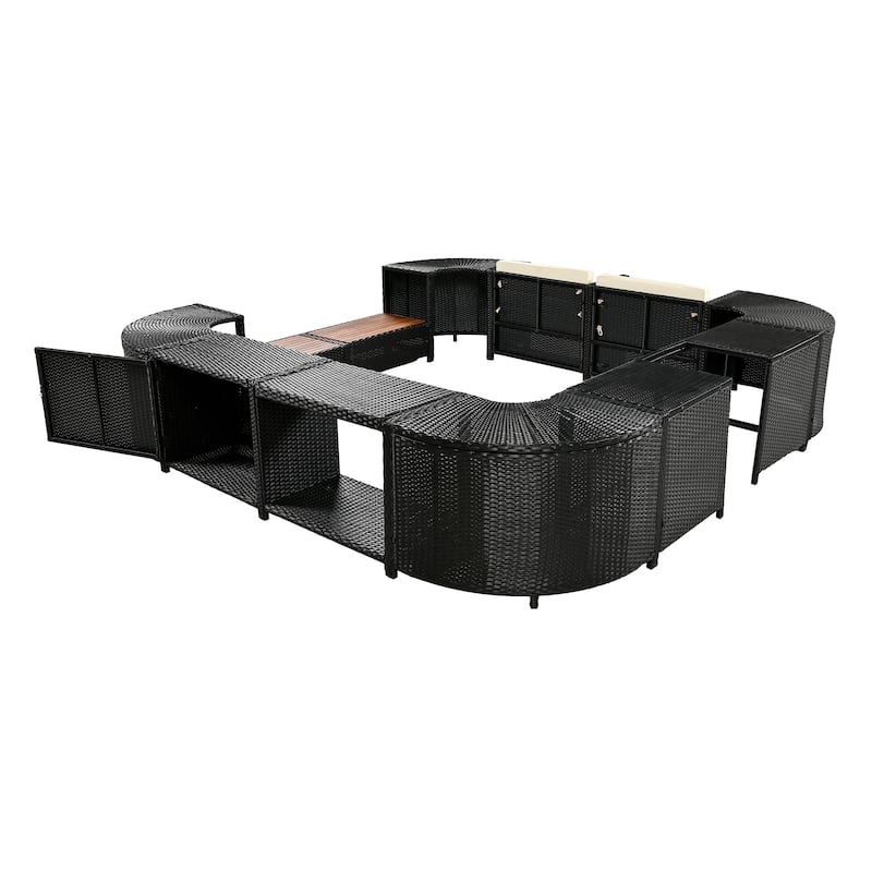 Outdoor Patio Rattan Spa Surround Frame Sofa Set with Storage Spaces and Wooden Bench