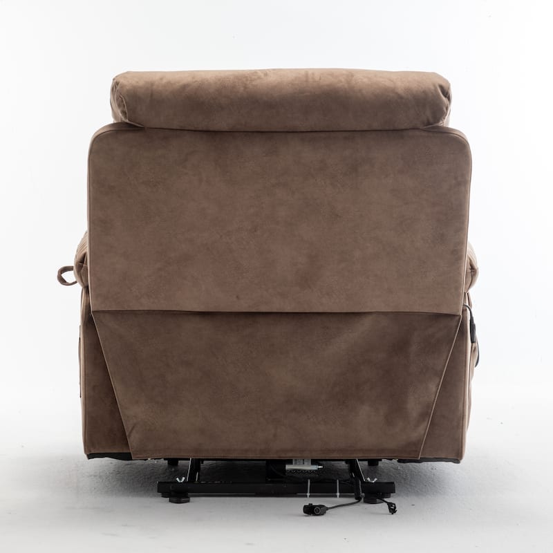 Brown Power Lift Recliner with Massage, Lumbar Heating, Silent German Motor, Goose Down Fabric, and Cup Holders