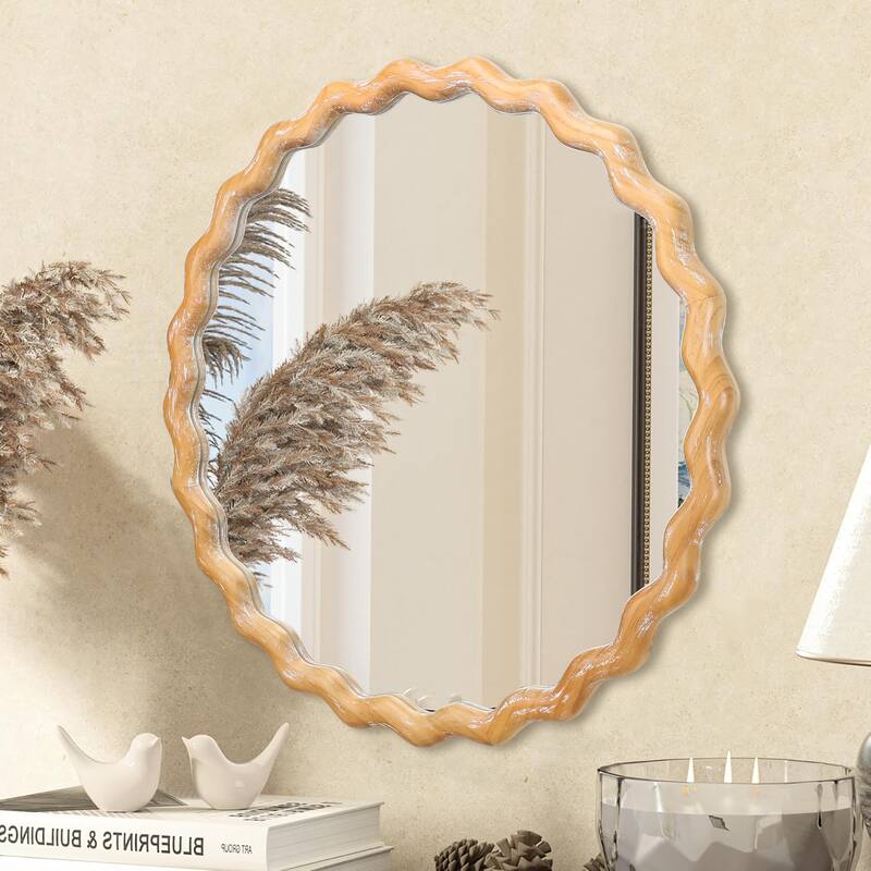 27.5 Inches Round Wavy Wall Mirror For Bathroom Vanity,Wooden Farmhouse Circle Mirrors