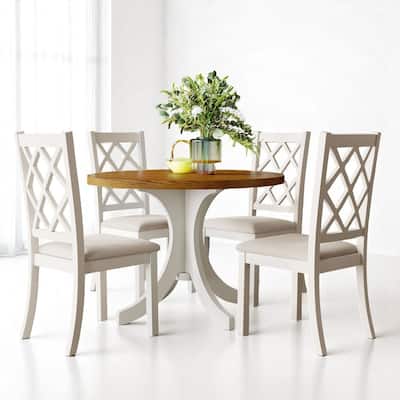 Mid-Century 5-Piece Solid Wood Round Dining Table Set with 4 Upholstered Chairs for Small Spaces, Kitchen or Dining Room