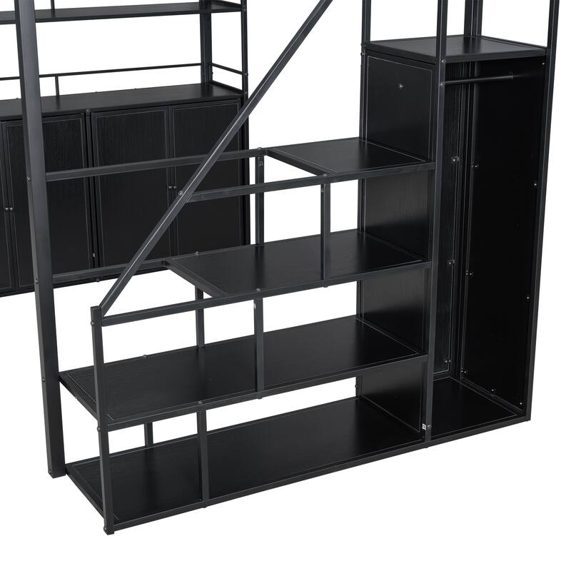 Full Loft Bed with Built-in Wardrobe, Storage Staircase & Shelves, Metal Frame