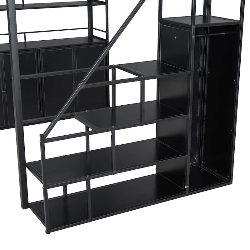 Metal Loft Bed with Storage Staircase and Wardrobe,Shelves and Lockers