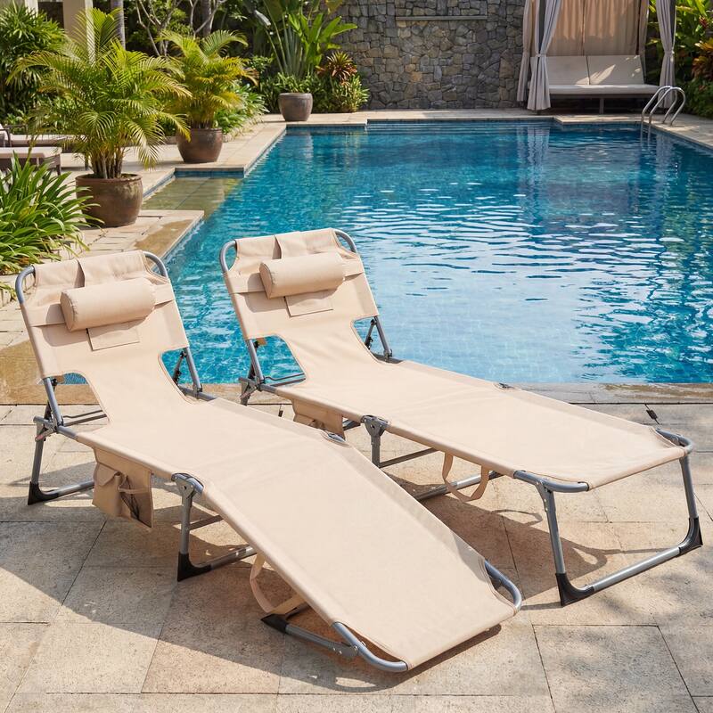 Goplus Outdoor Beach Lounge Chair Folding Chaise Lounge with Pillow - See Details