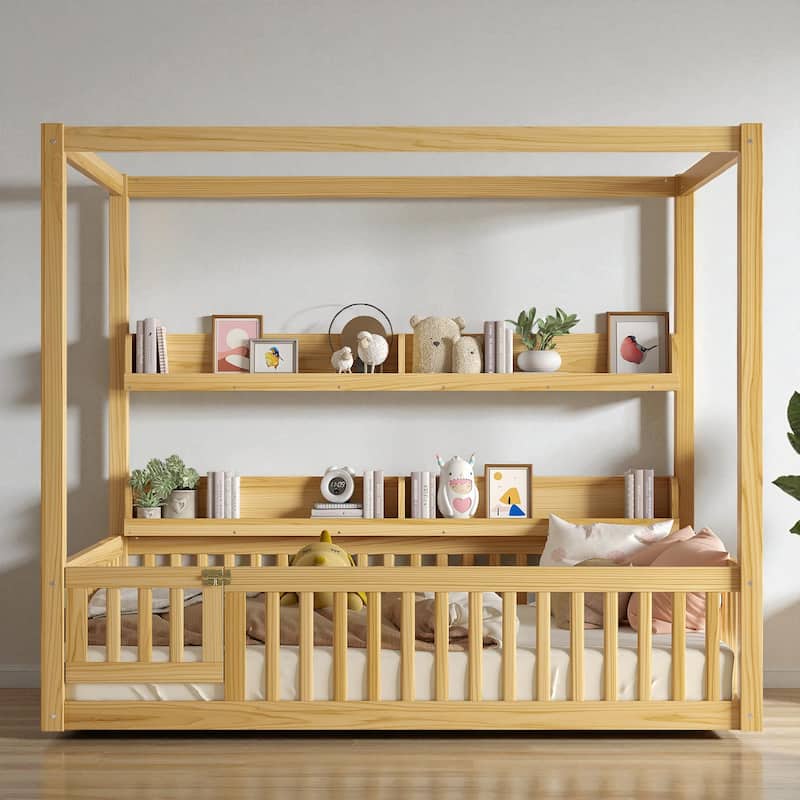 Twin/Full Size Montessori Floor Bed with Canopy and Guardrails, Solid Wood Kids Bed Frame with Shelves, No Box Spring Needed - Natural - Full