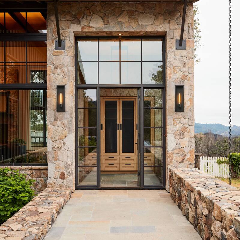 1-Light Matte Black Rectangular Iron & Glass IP44 Outdoor Wall Sconce for Patio - 1 Lighgt