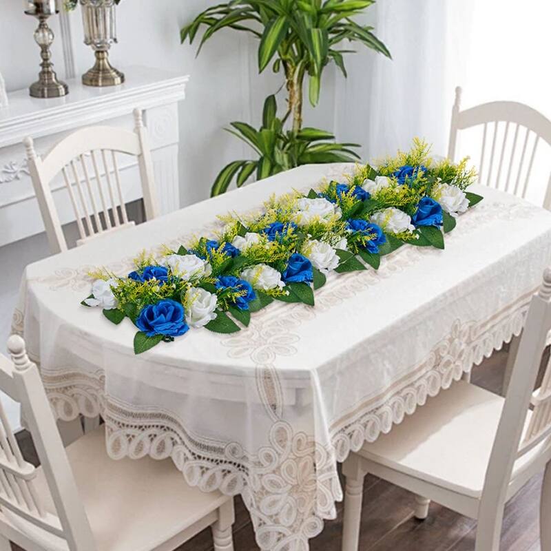 Blue-White Silk Rose Linear Centerpieces Set of 10 with Stable Base - 19.7 x 8.7 x 4.27 inch
