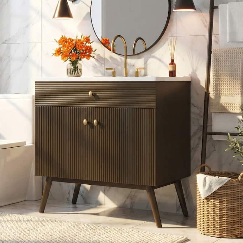 Christopher Knight Home - Modern Space Saving Striped Bathroom Vanity with Premium Ceramic Sink & Soft-Close Dual-Door Storage - Dark Brown
