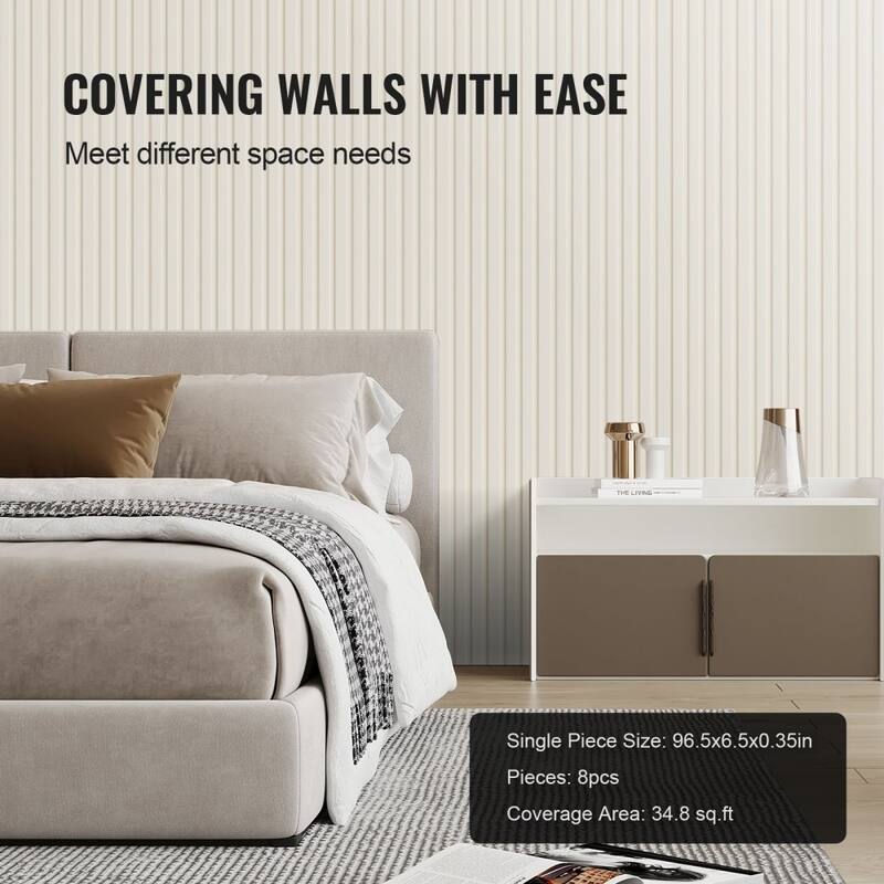 34.8 Sq Ft WPC Acoustic Wall Panels 8 Pieces Fire-Resistant Slat Design for Soundproof Room Decor - 96.5" x 6.5" x 0.35"