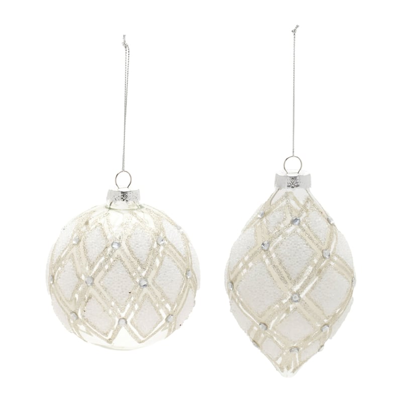 Jeweled Diamond Glass Christmas Ornaments - 5.5" - White - 6ct