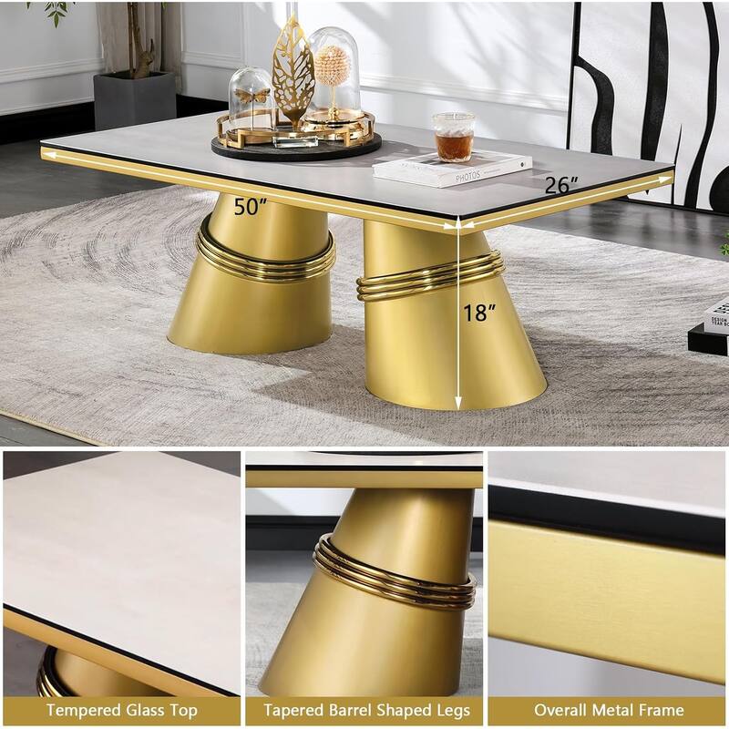 Glam 50 inch Rectangular Glass Living Room Coffee Table with Brushed Gold Stainless Steel Base