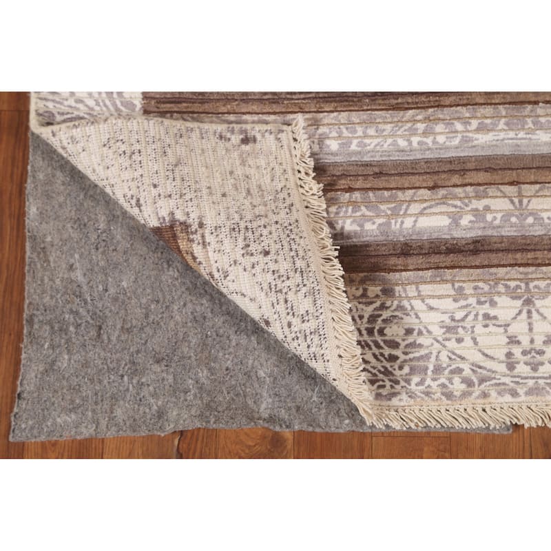 Beige Striped Abstract Accent Rug Handmade Oriental Wool Carpet - 2'9"x 5'0"