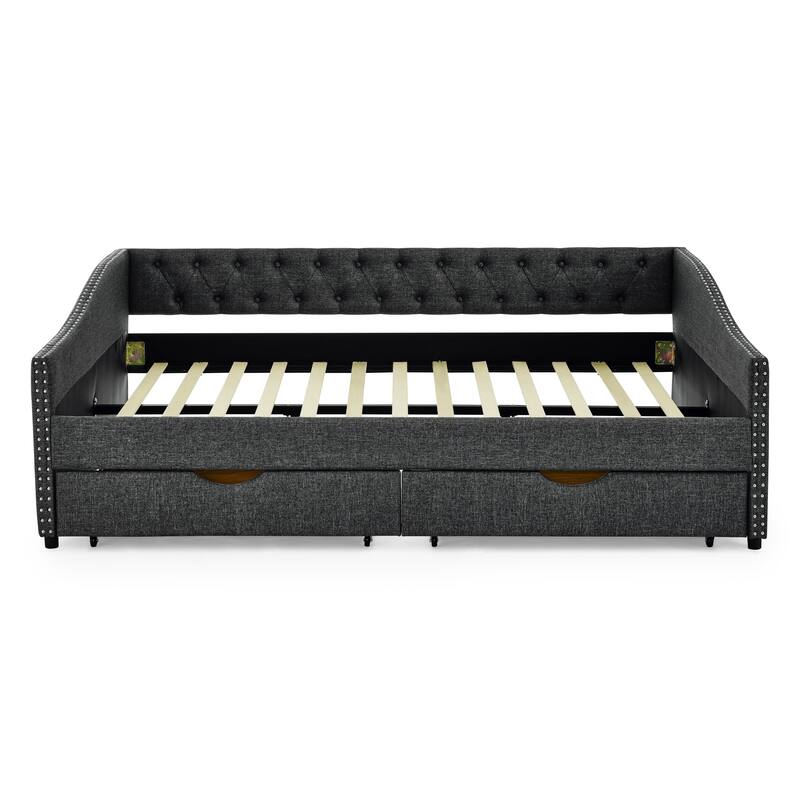 Roomfitters Twin/Full/Queen Upholstered Daybed with Tufted Backrest, Nailhead Trim and Underbed Storage Trundle