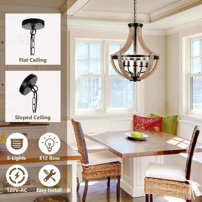 19"Chandelier Light Fixtures, 5-Light Dining Room Light Fixtures Over Table, Solid Wood Modern Chandeliers, Height Adjustable