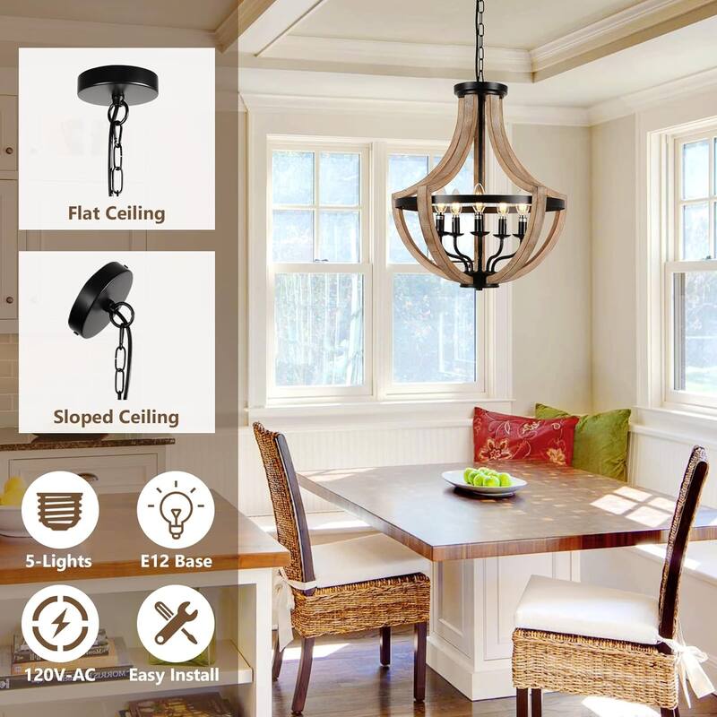 Farmhouse Chandelier Light Fixture, 5-Light Rustic Wooden Pendant and Ceiling Light for Dining Room or Bedroom