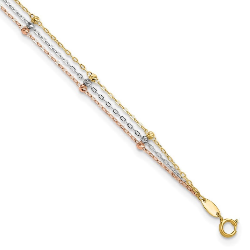 Curata Women's 14k Tri-color 3-strand Diamond-Cut Beaded Anklet - 10 Inch