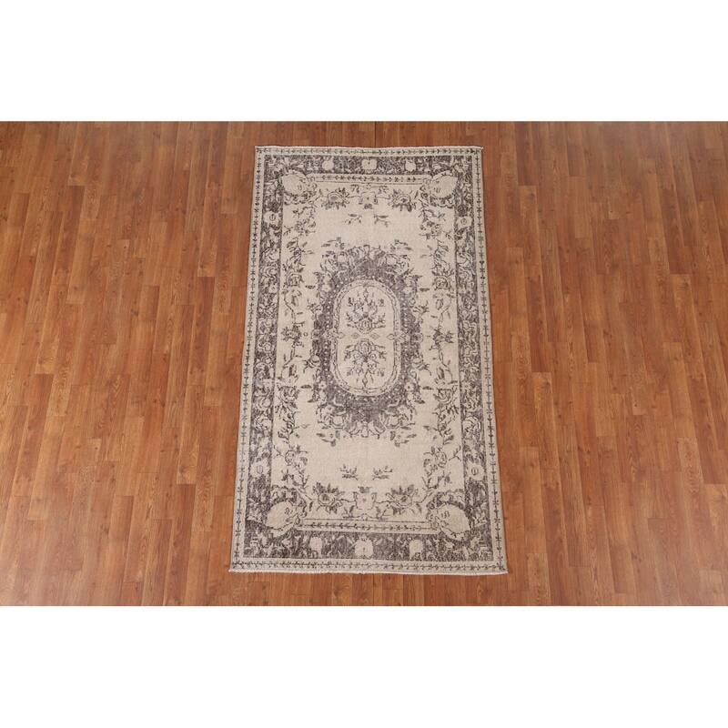 Distressed Sparta Turkish Vintage Area Rug Handmade Beige Wool Carpet - 3'8" x 6'11"